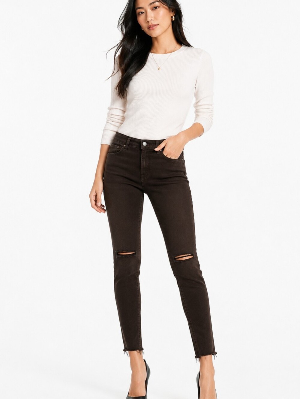 High Rise Distressed Skinny Jeans Raw Hem Ankle Denim Dark Wash Stretch Jegging